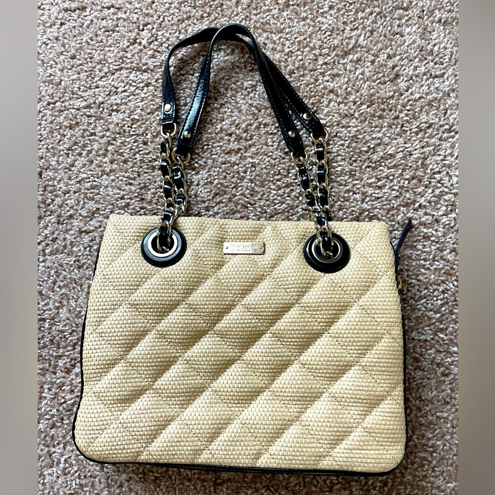 KATE SPADE STRAW/RAFIA TOTE BAG WITH GOLD HARDWARE
